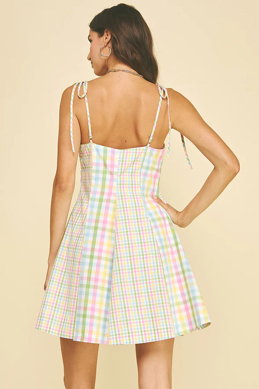Pinch Pastel Plaid Tie-Strap Mini Dress