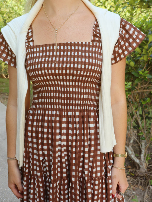 Lilbelle Lil Smocked Maxi Dress | Gingham Chocolate | OS