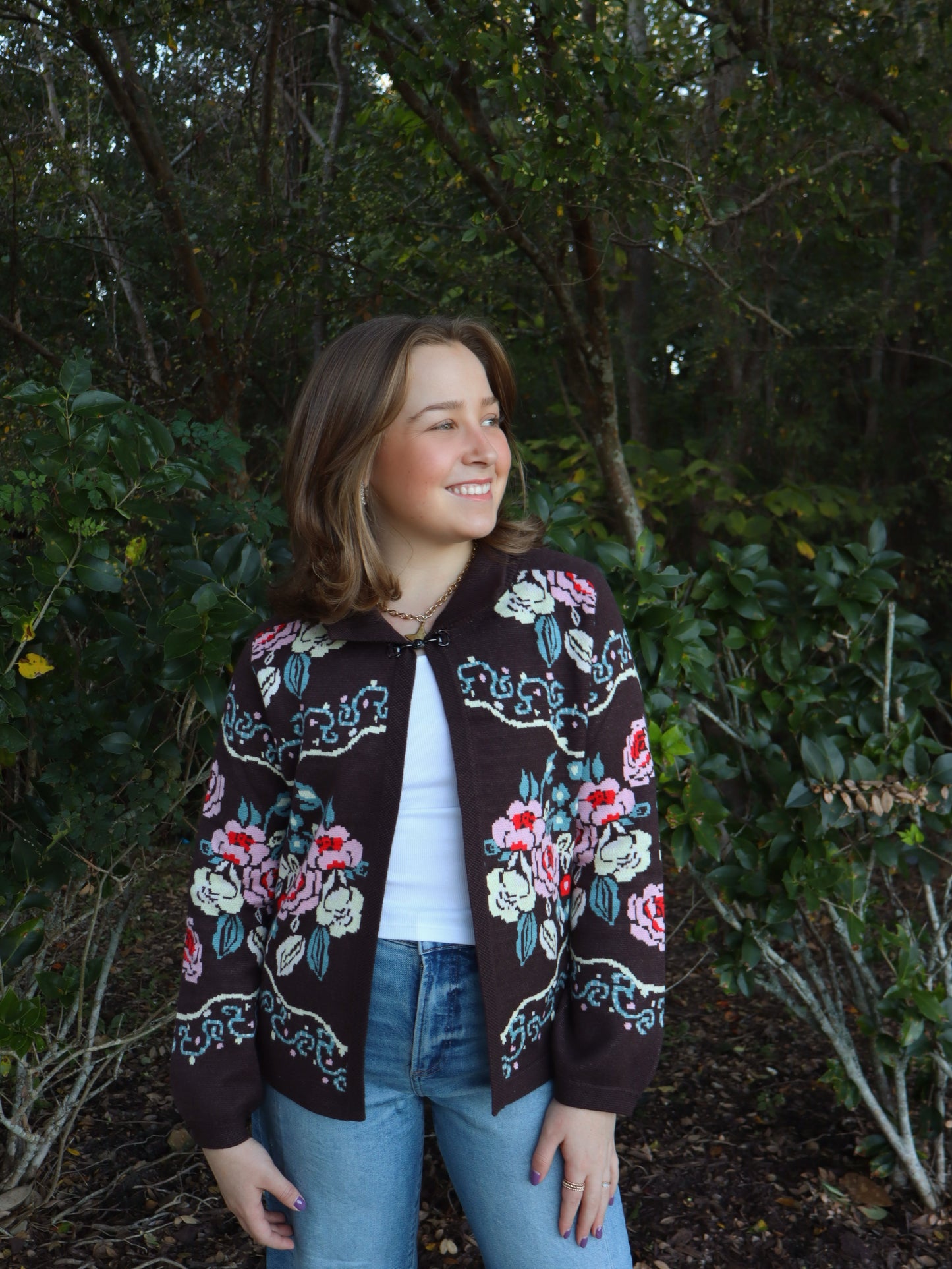 THML Women's Floral Pattern Knit Cardigan