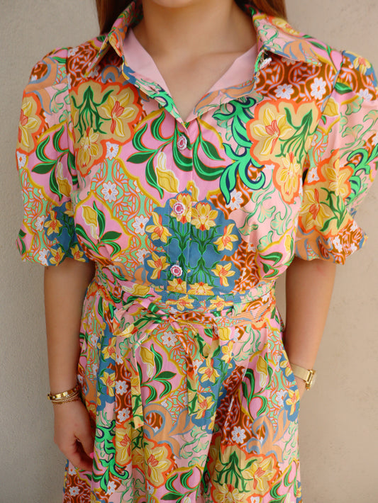 Strut And Bolt Multi Flower Print Puff Sleeve Midi Dress