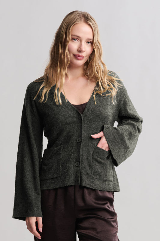 Barefoot Dreams CozyChic Lite® Wide Sleeve Button Front Cardigan- Dark Moss