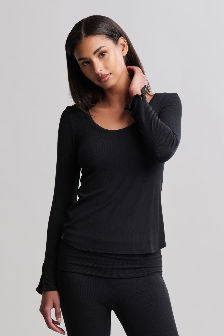 Barefoot Dreams Ultra Soft Rib Long Sleeve Tee- Black