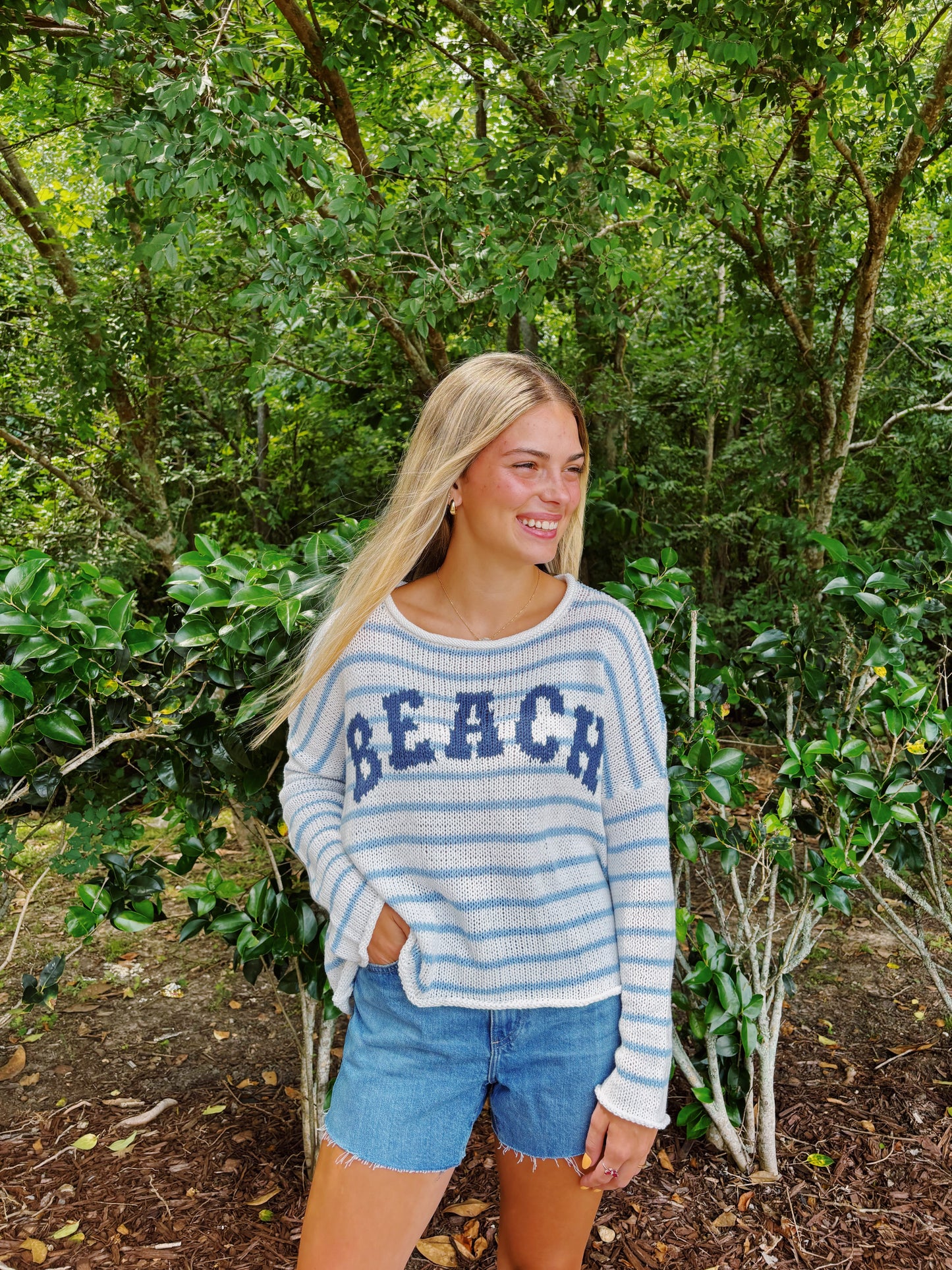 Wooden Ships Beach Striped Crew Cotton Sweater