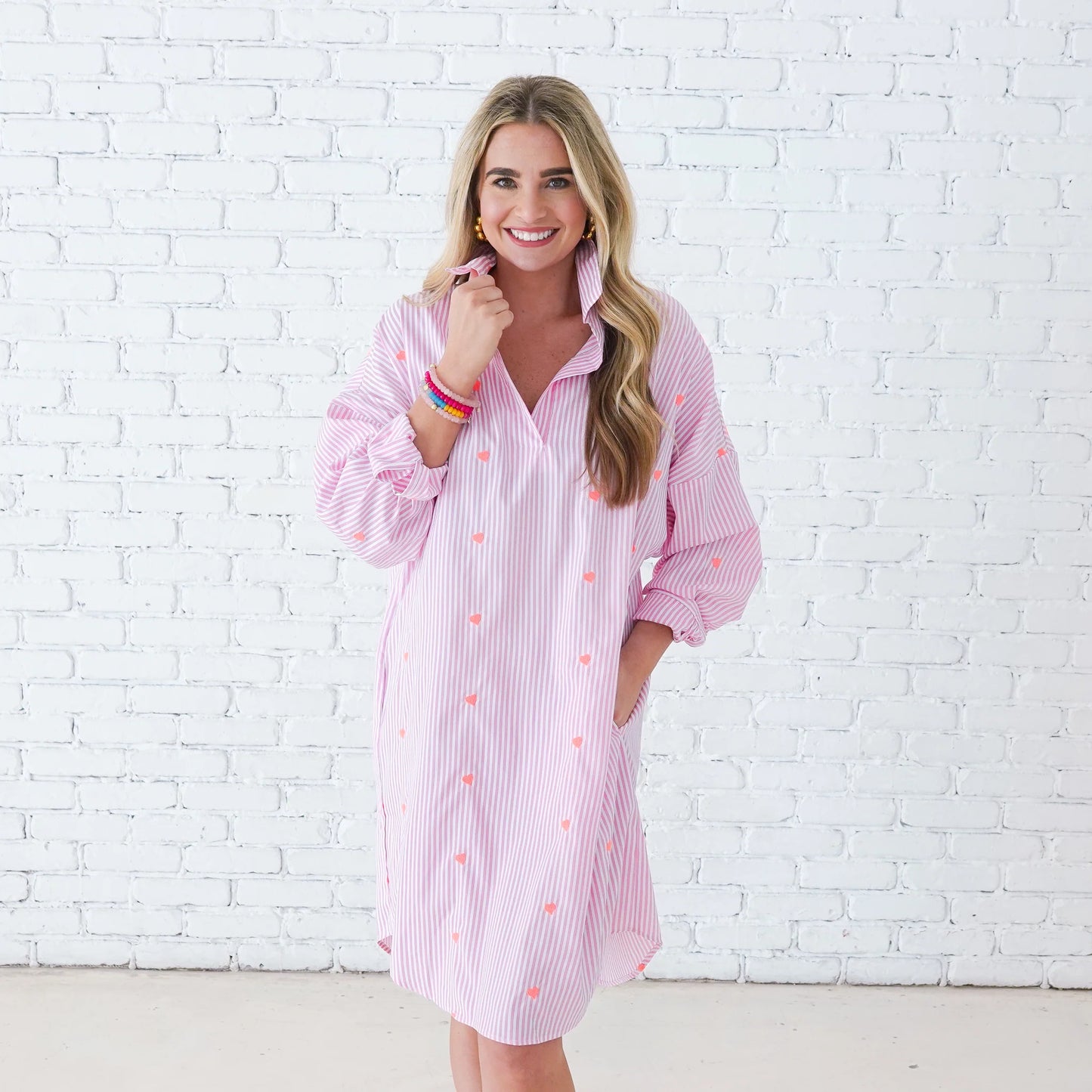 Caryn Lawn Preppy Dress-Pink Stripes With Hearts