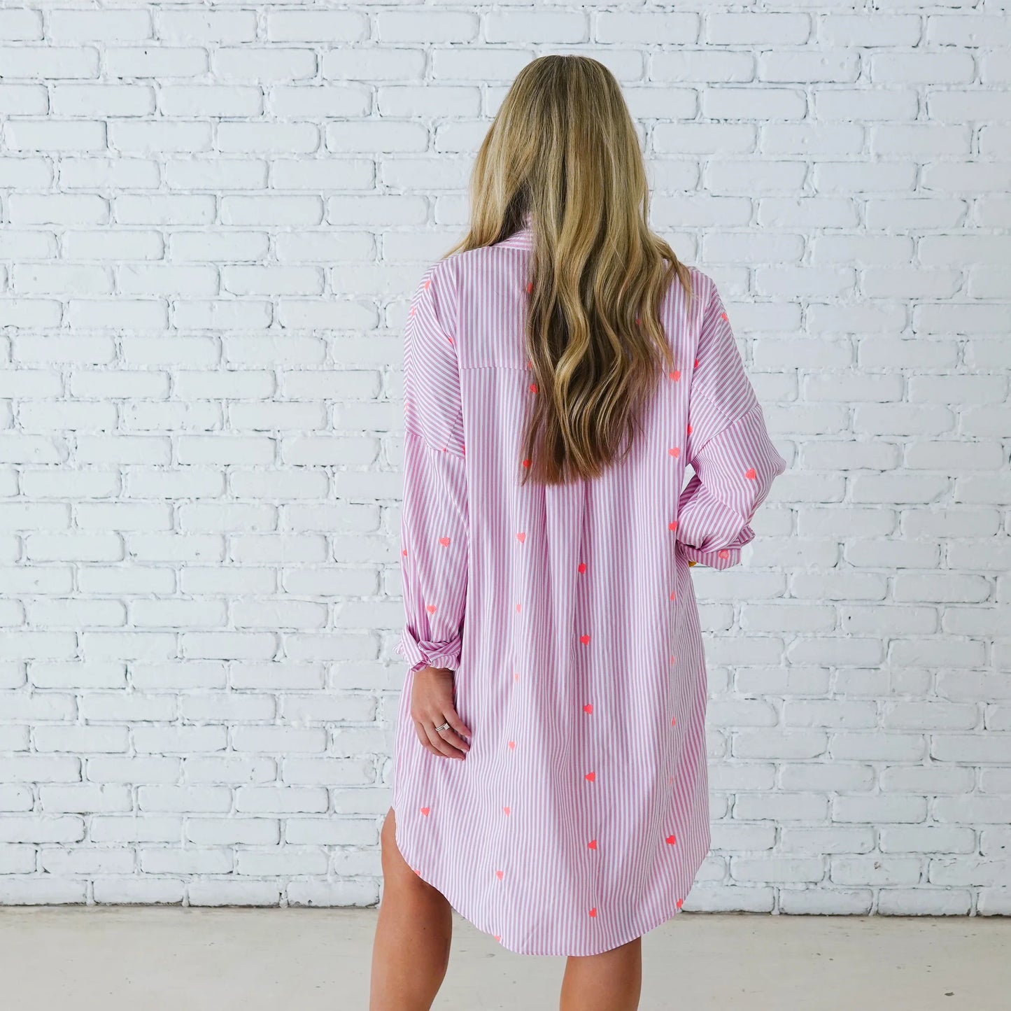 Caryn Lawn Preppy Dress-Pink Stripes With Hearts