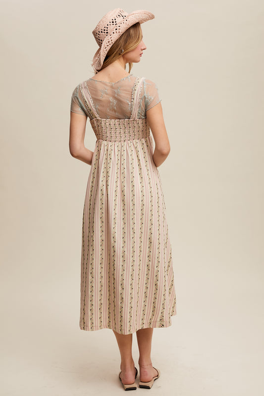 Listicle Women's Floral Embroidered Striped Midi Dress with Pockets