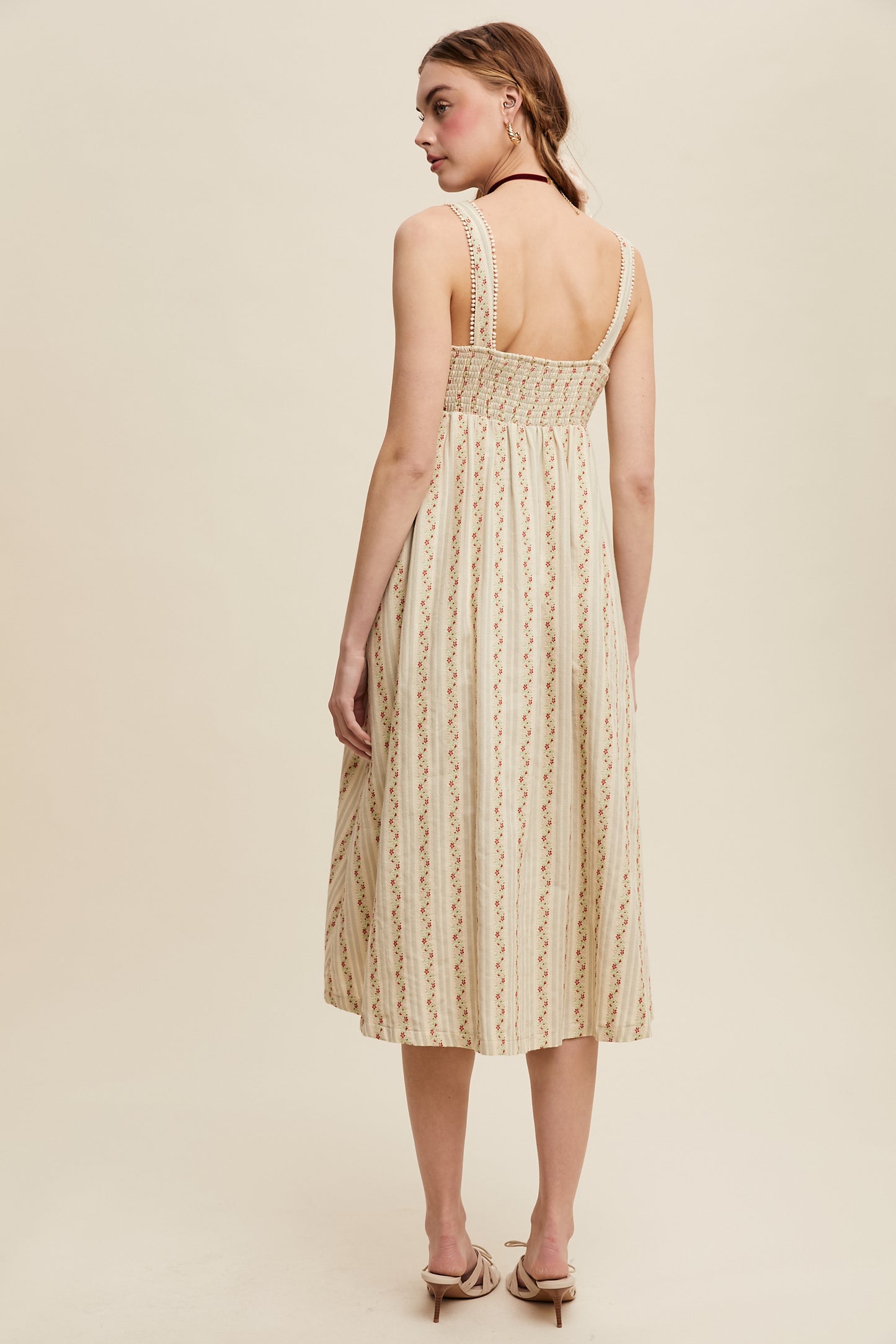 Listicle Women's Floral Embroidered Striped Midi Dress with Pockets