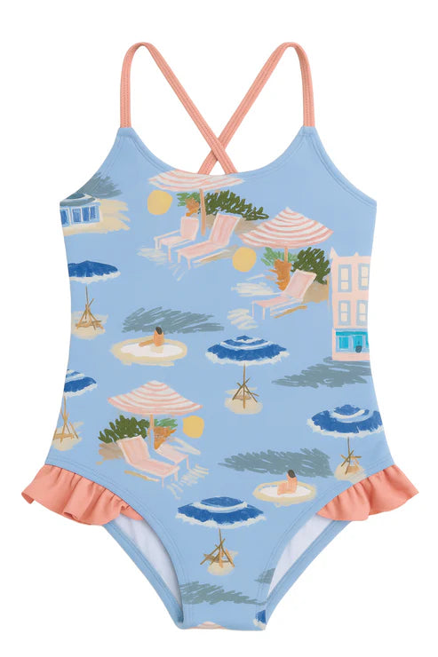 Hermoza Little Clementine Criss-Cross Back Ruffle One-Piece Swimsuit In Coast To Coast