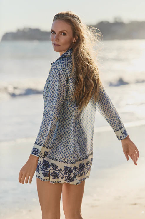 Hermoza Marie Button Front Collared Shirt Dress In Santorini Dots
