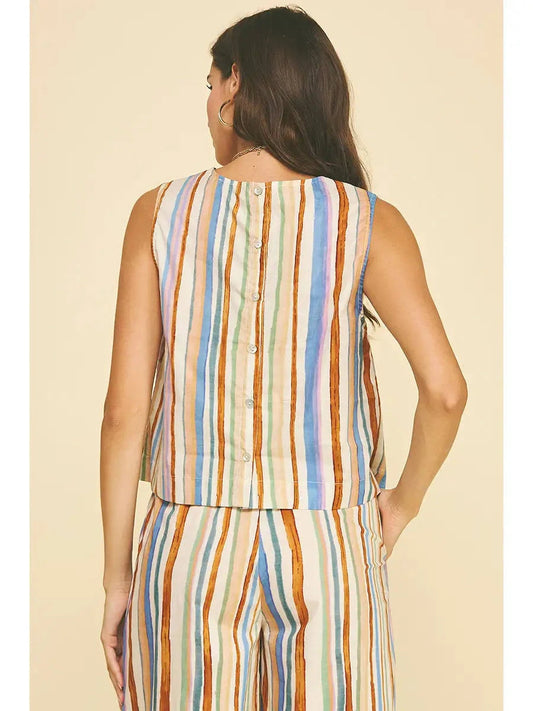 Pinch Multi Color Stripe Top With Button Detail At Back