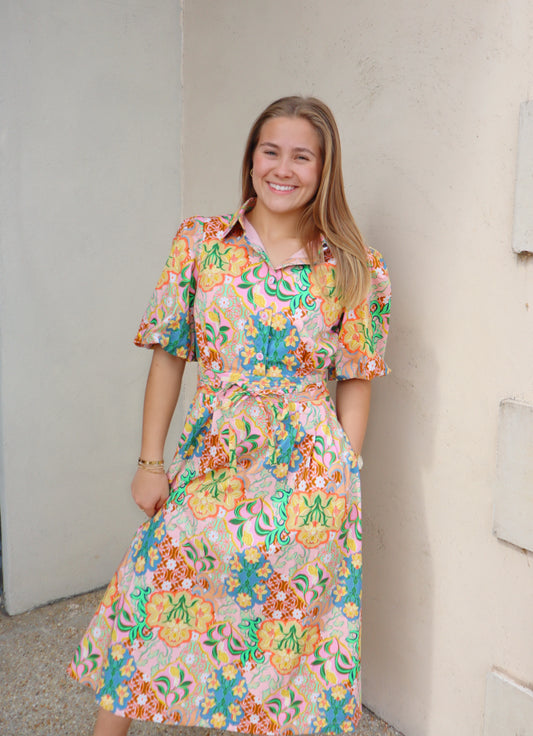 Strut And Bolt Multi Flower Print Puff Sleeve Midi Dress