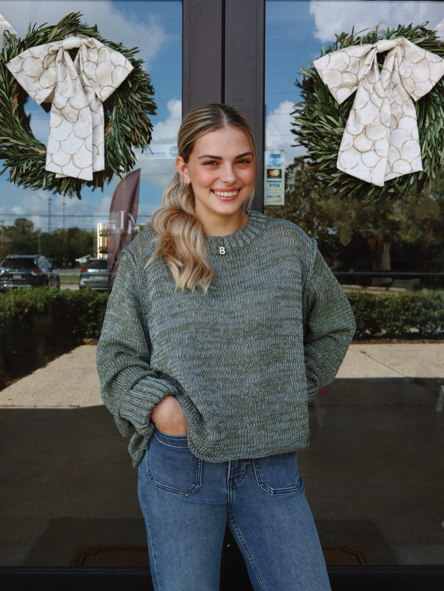 Wooden Ships Harper Cropped Heather Crew Cotton Sweater- Duffet Green Heathered