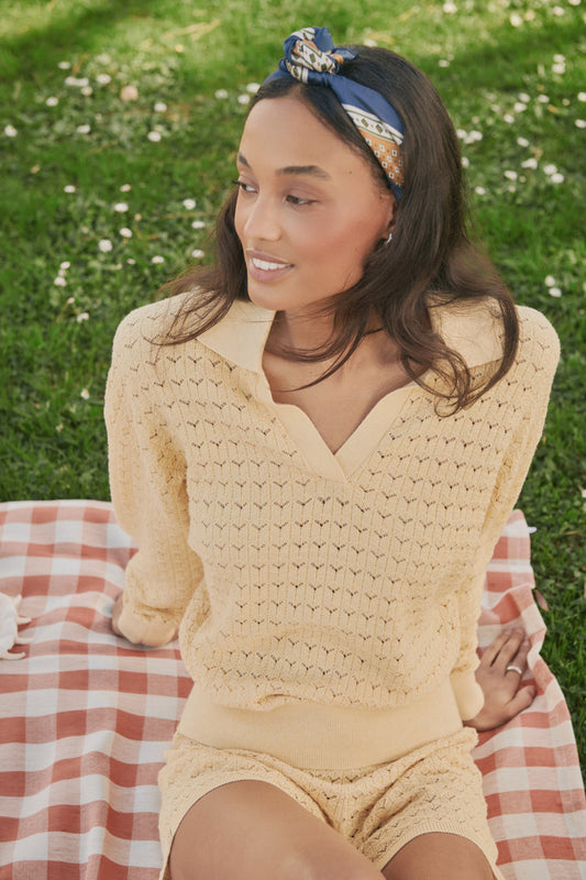 Barefoot Dreams Heathered Cotton Tulip Pointelle Collared Pullover
