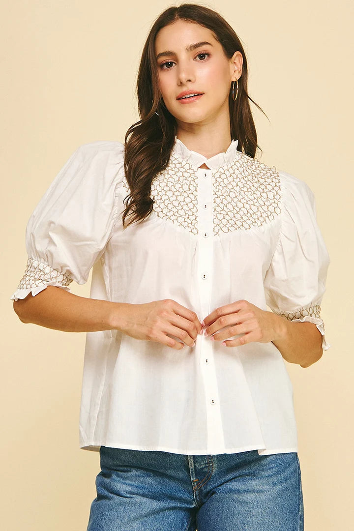 Pinch Embroidered Button Down Blouse Top