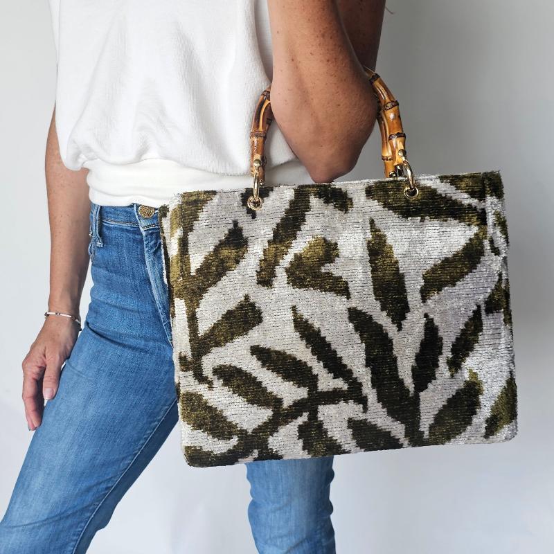 Baldiz Olive Green Leaves Small Avery Bamboo Bag