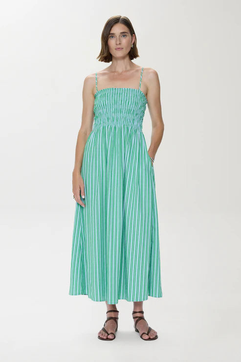 Pistola Bianca Shirred Bodice Dress - Green Blue Stripe