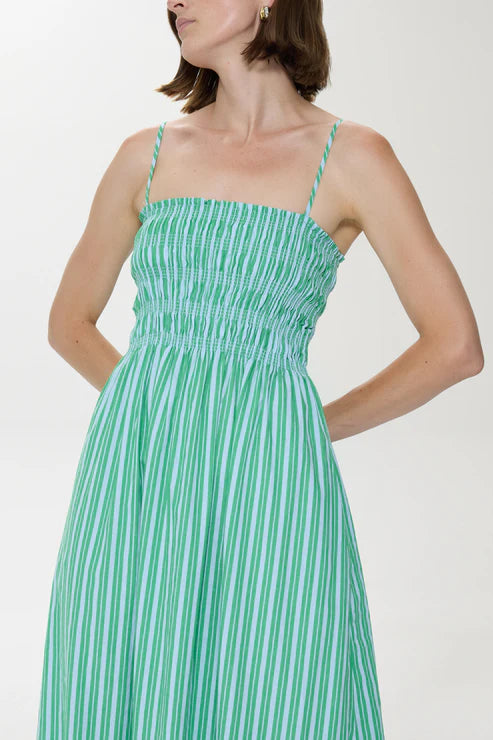 Pistola Bianca Shirred Bodice Dress - Green Blue Stripe