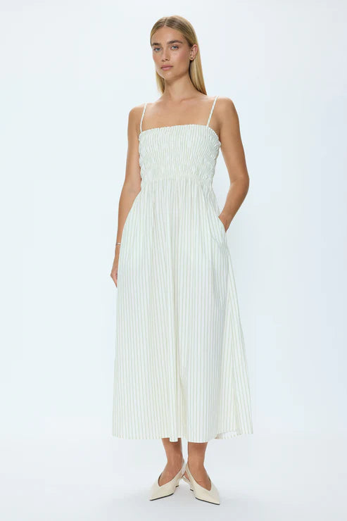 Pistola Bianca Shirred Bodice Dress - Sage Egret Stripe