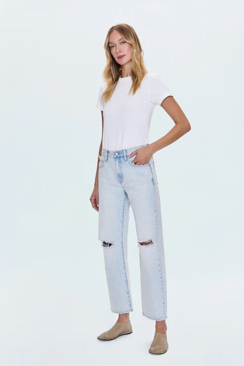 Pistola Lexi Mid Rise Bowed Straight Jean - Solstice Distressed