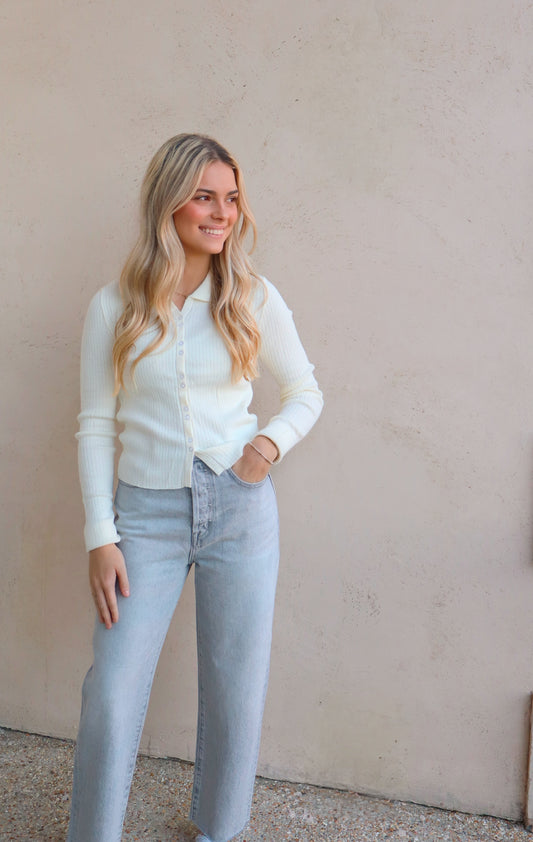 Elle Grey Ribbed Knit Button Down Cardigan