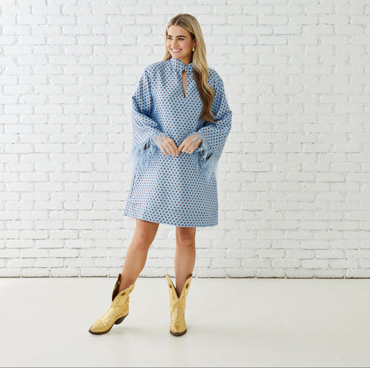 Caryn Lawn Audrey Polka Dot Feather Dress- Pale Blue