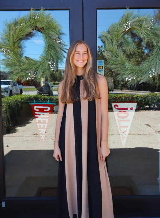 THML Women's Sleeveless Color Block Halter Tie Back Maxi Dress