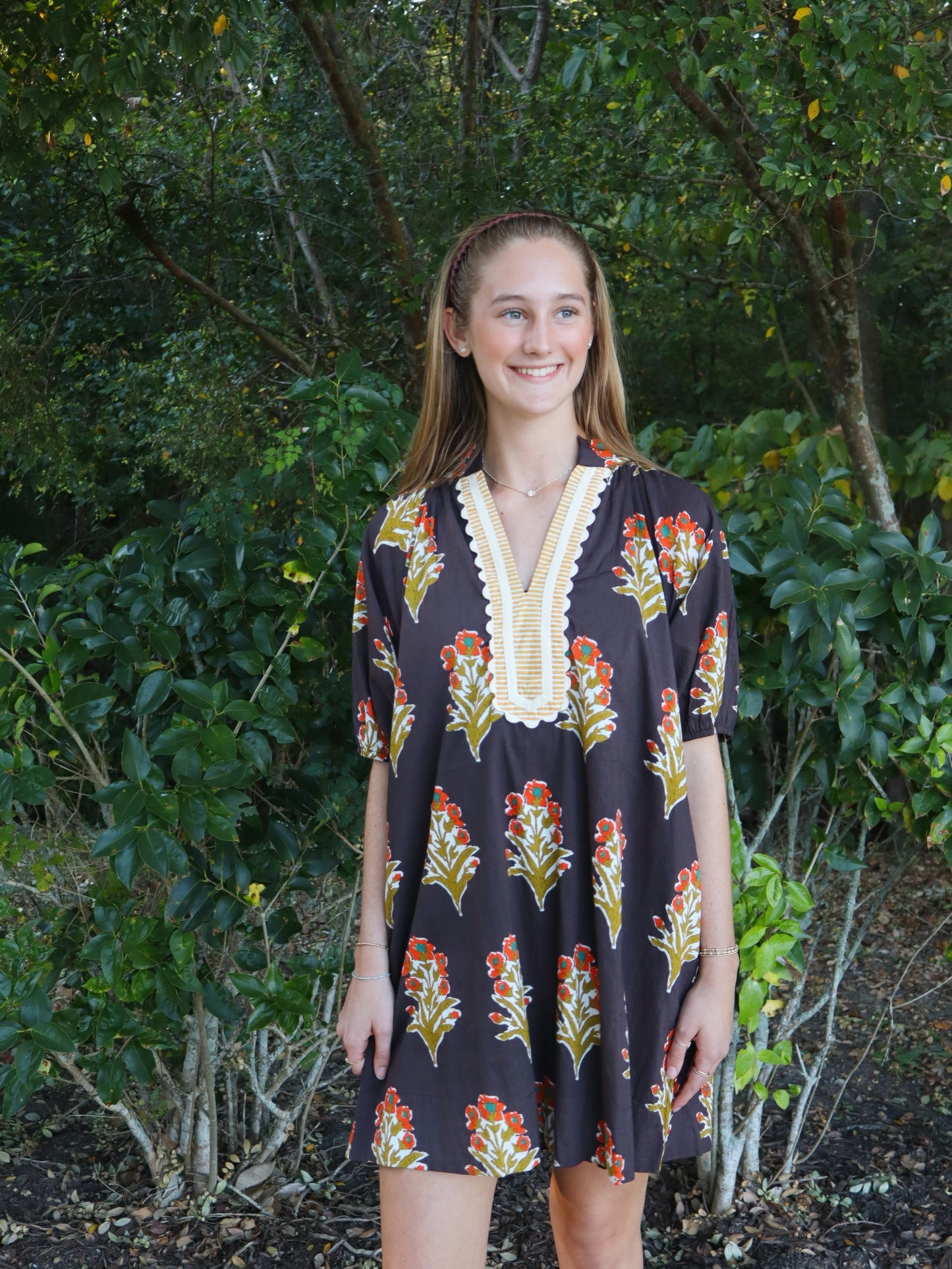 THML Women's Floral Print V-Neck Striped Detail Dress