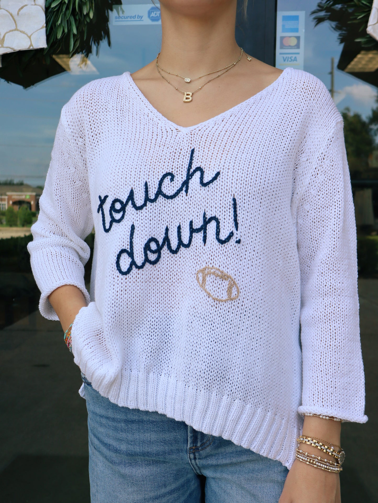 Wooden Ships Touchdown 3/4 Sleeve V Neck Cotton Sweater