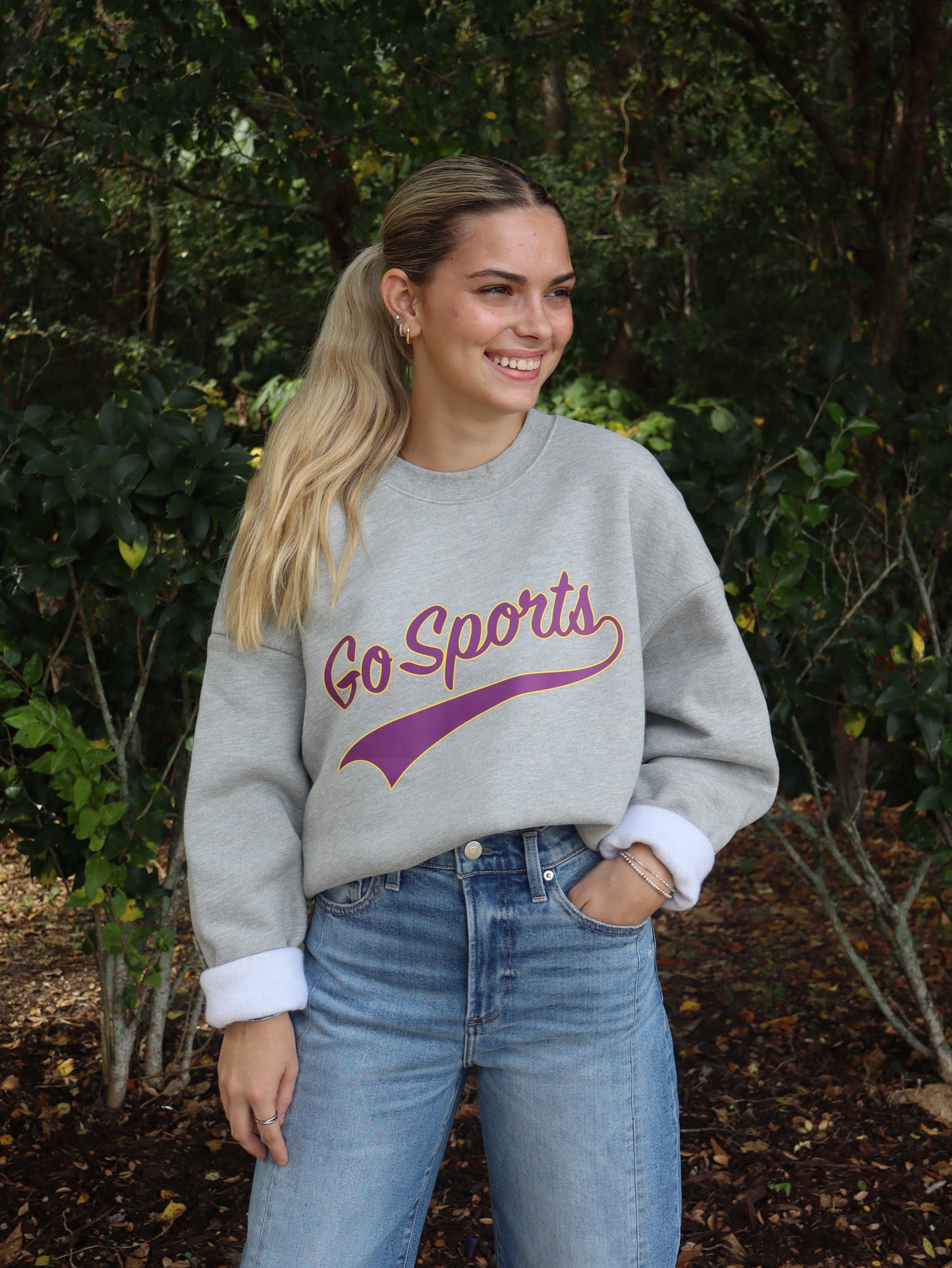 Favorite Daughter Go Sports Sweatshirt- Purple/Heather Grey