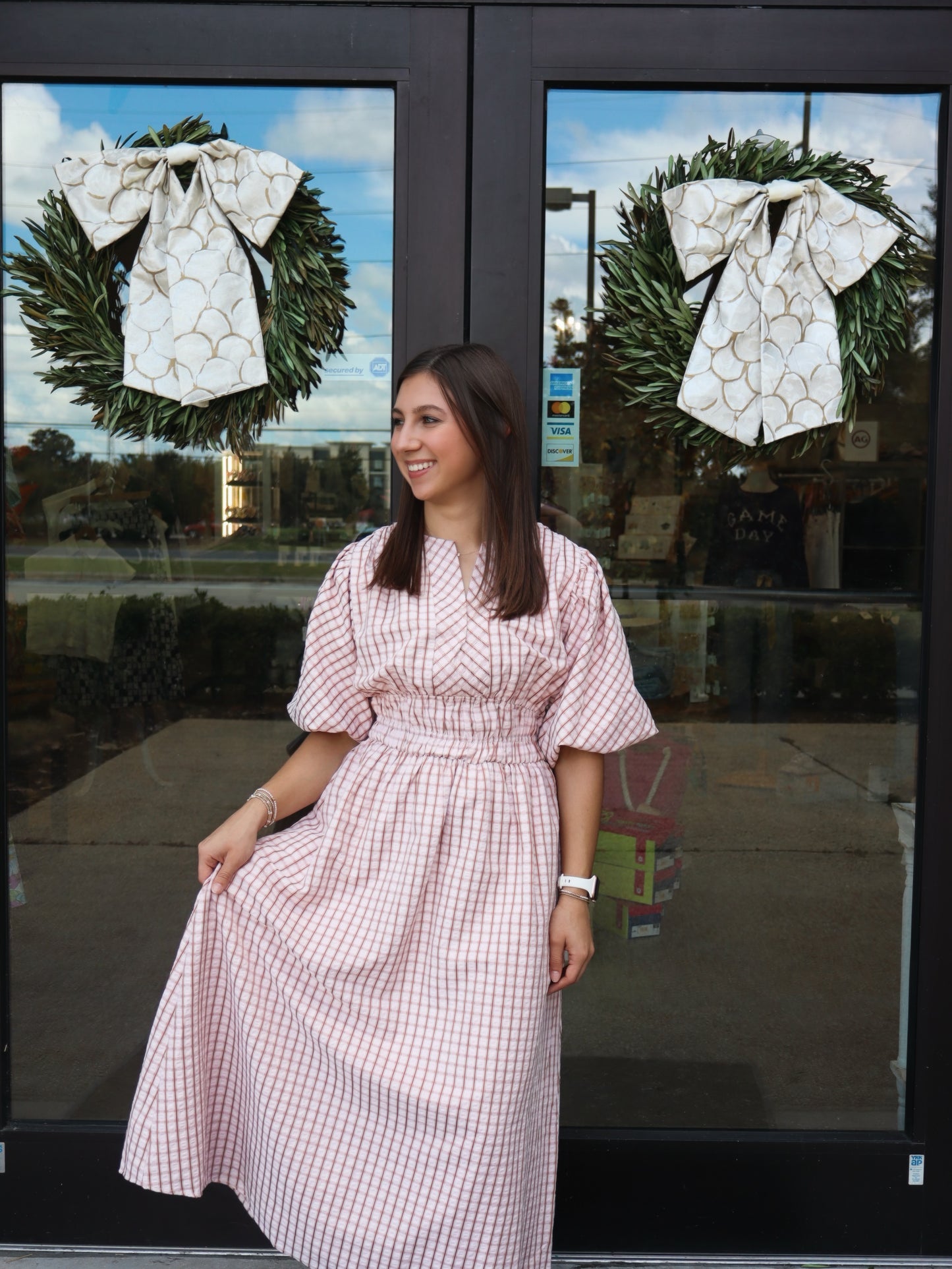 Strut And Bolt Women's Checkered Elastic Waist Puff Sleeve Midi Dress