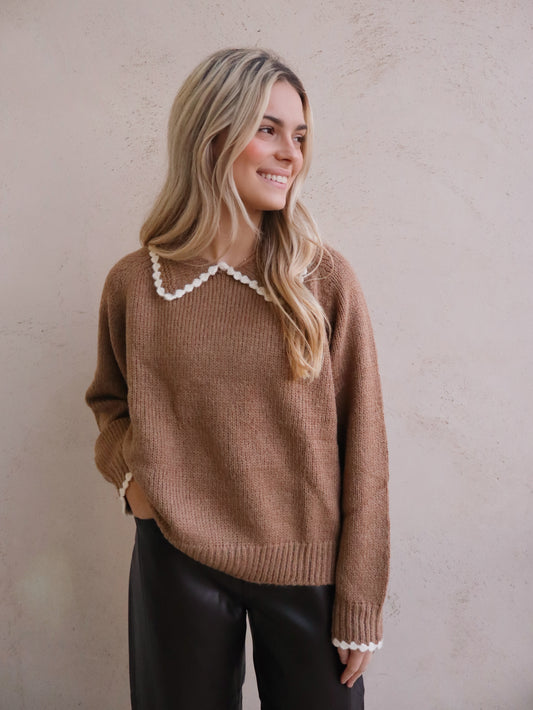 Elle Grey Big Scalloped Collared Detailing Sweater