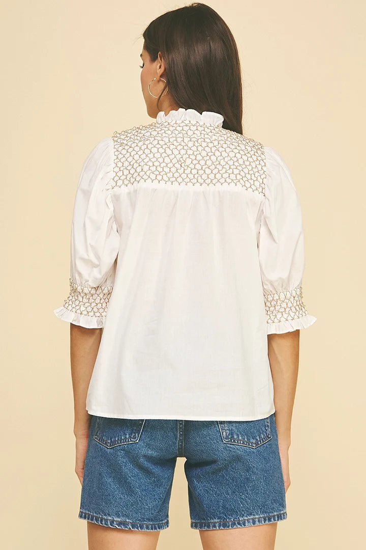 Pinch Embroidered Button Down Blouse Top