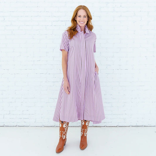 Caryn Lawn Millie Dress- Pink Khaki Stripe