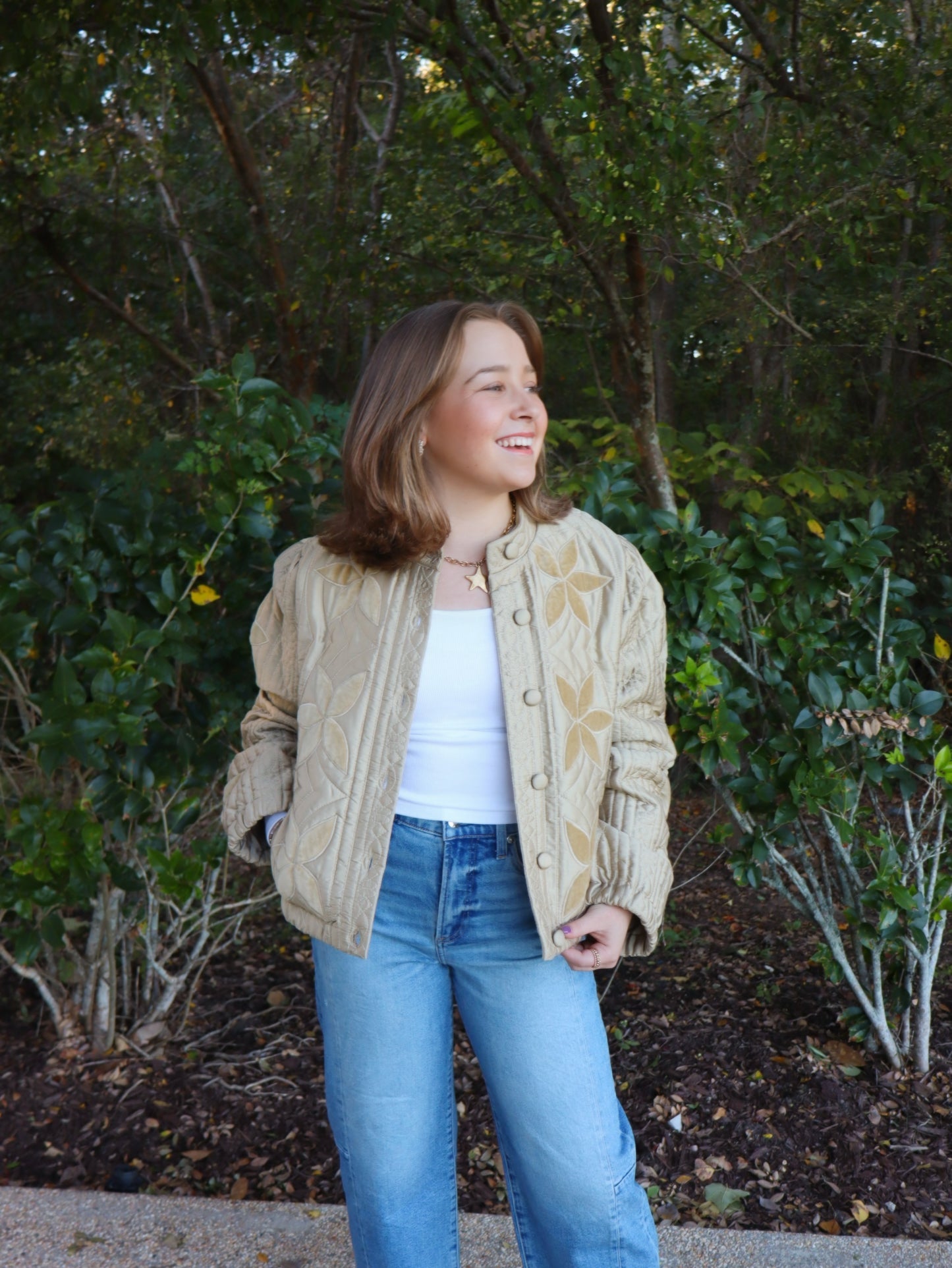 THML Women's Velvet Flower Detail Quilted Jacket