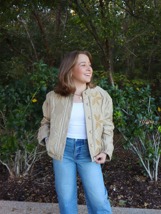 THML Women's Velvet Flower Detail Quilted Jacket