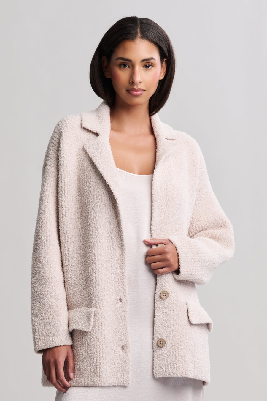 Barefoot Dreams CozyChic® Rib Oversized Notch Collar Blazer- Stone