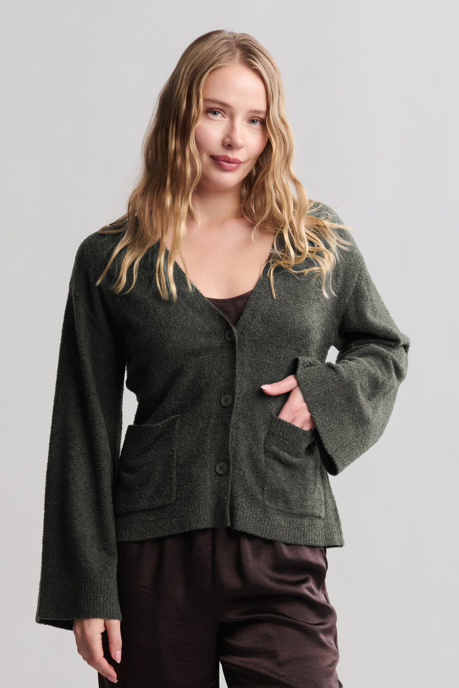 Barefoot Dreams CozyChic Lite® Wide Sleeve Button Front Cardigan- Dark Moss