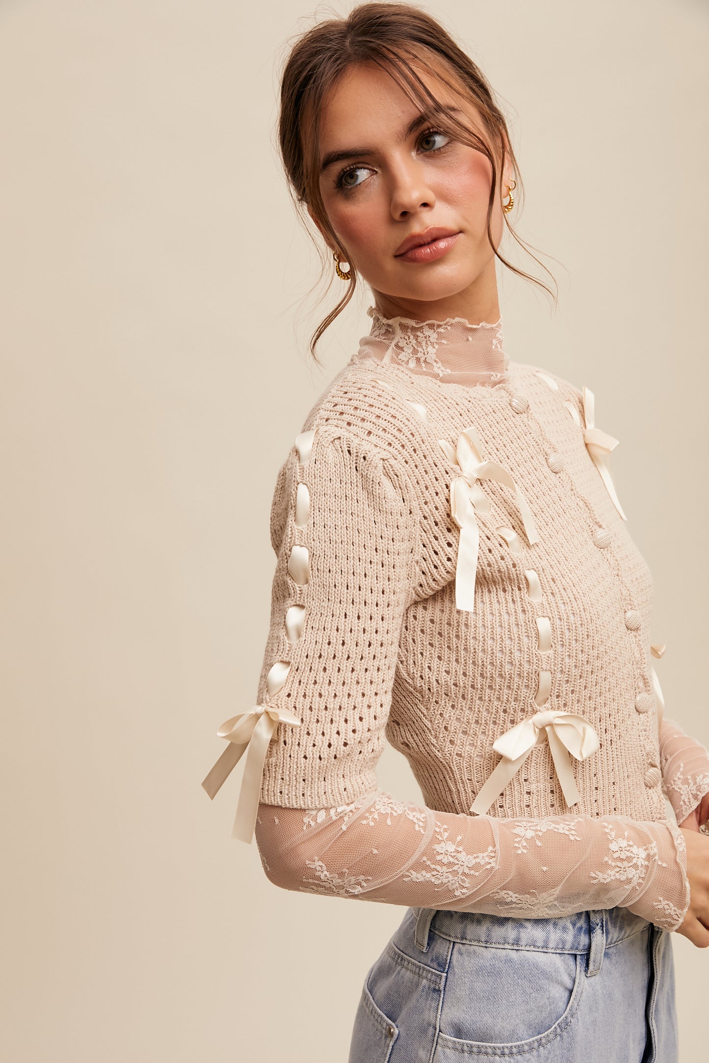 Listicle Pastel Knit Cardigan With Satin Bow Details