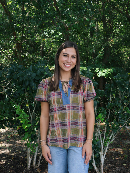 THML Women's Puff Sleeve Plaid Top