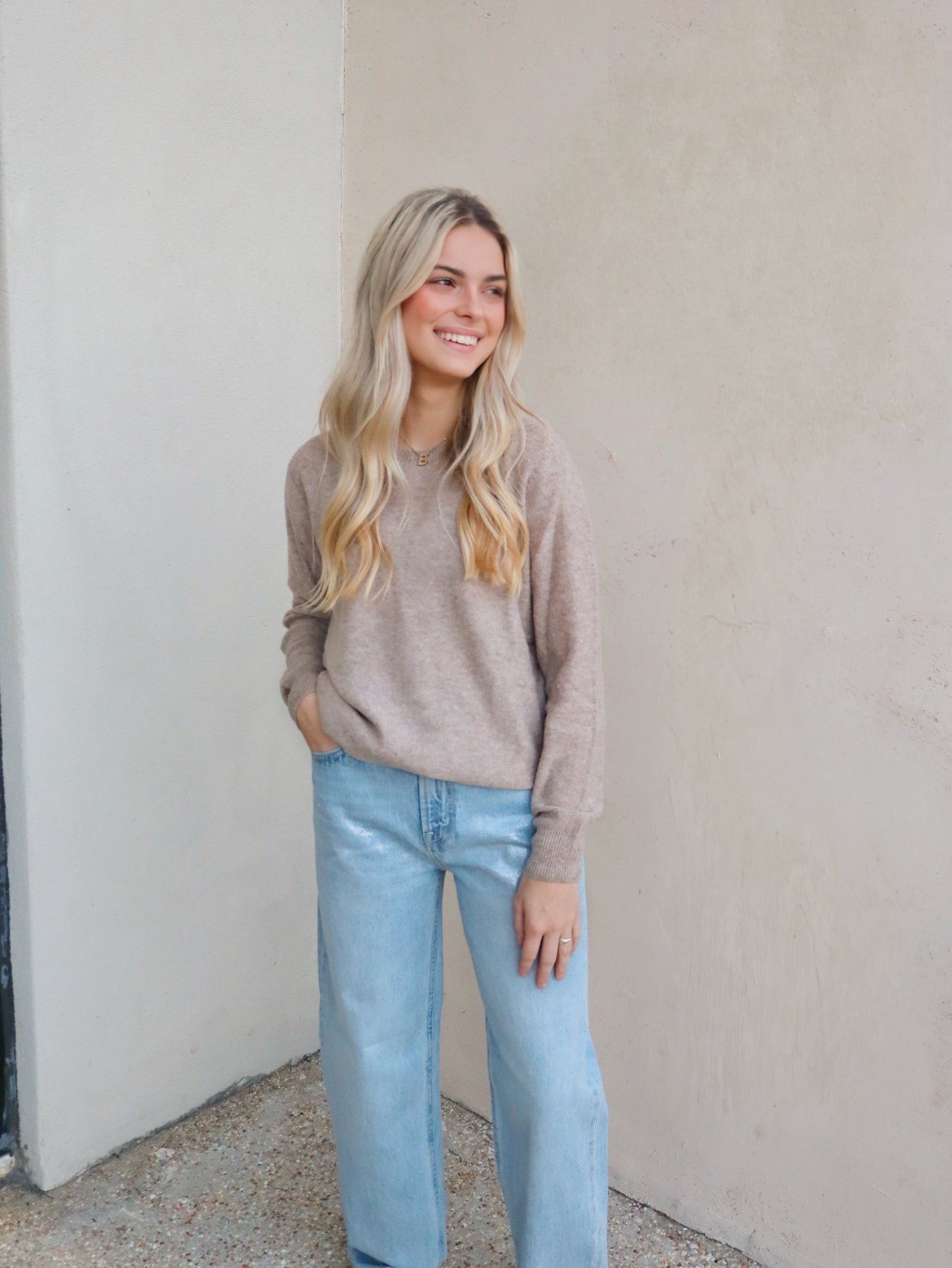 Elle Grey Sparkled Crew Neck Long Sleeve Sweater