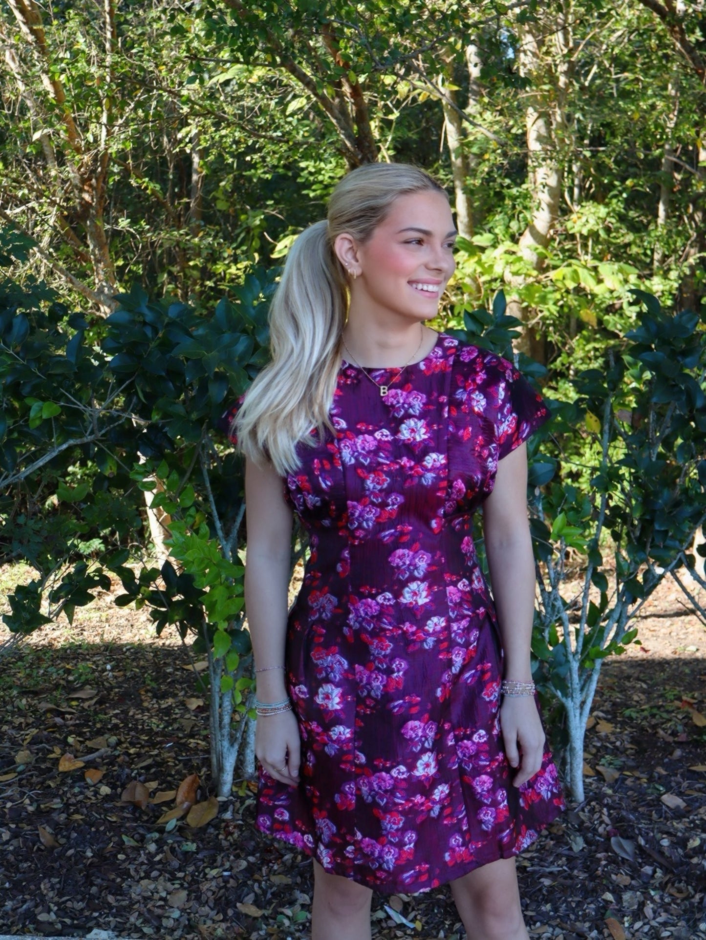 THML Women's Short Sleeve Floral Print Textured Dress