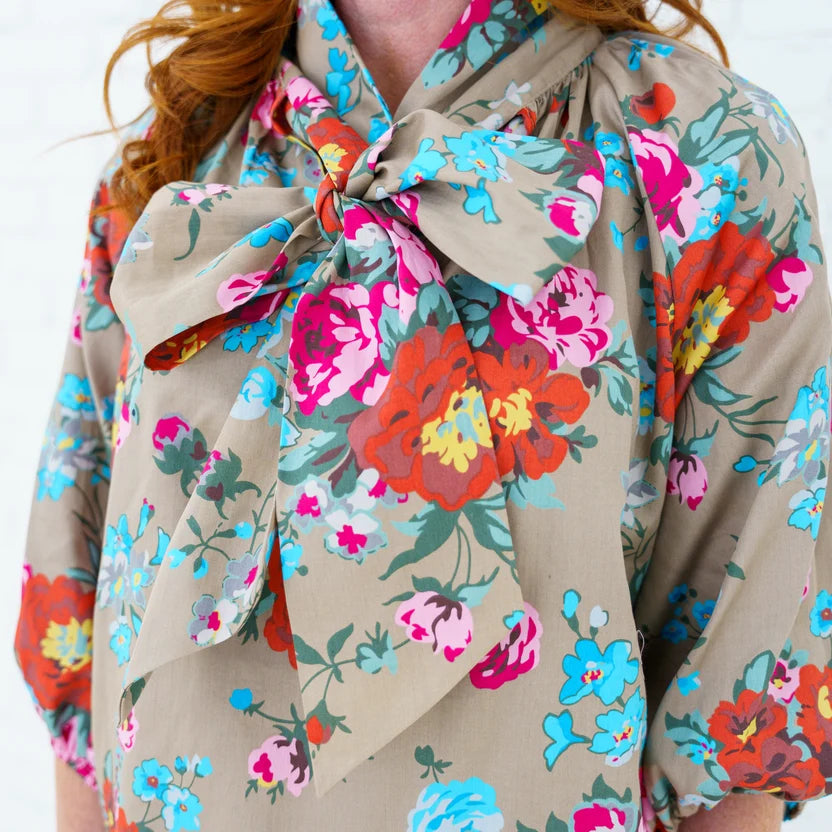 Caryn Lawn Ryan Bow Dress Khaki Floral