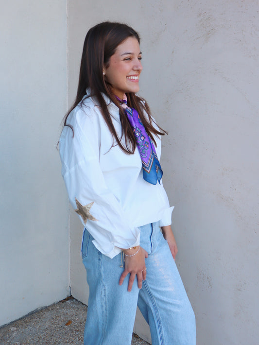 Caryn Lawn Preppy Top Leather Star Elbow