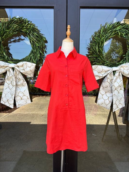 THML Women's Short Sleeve Linen Collared Dress