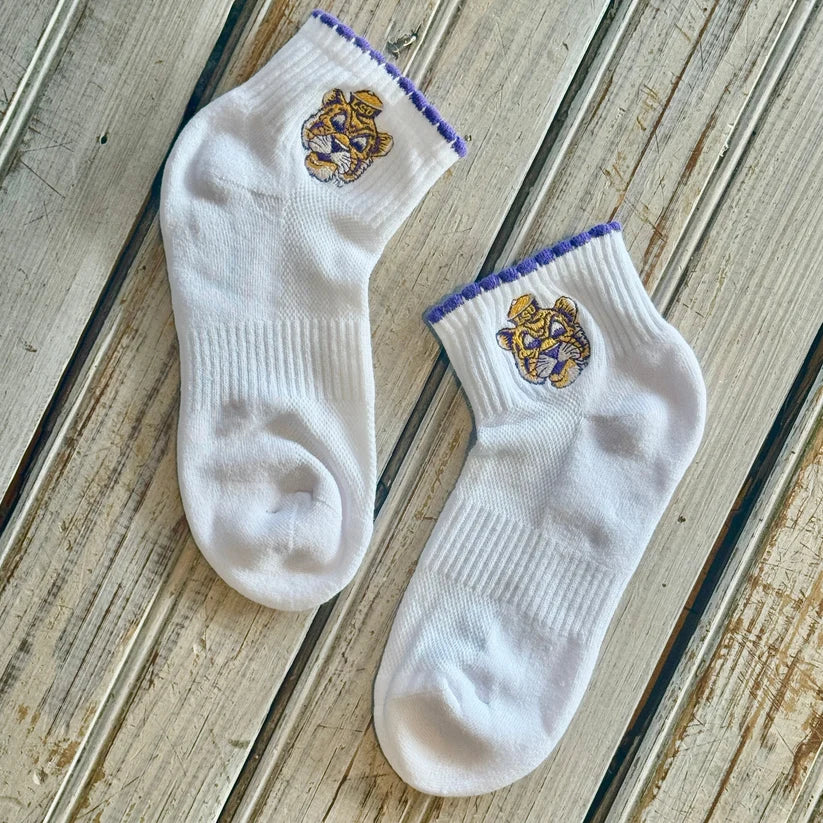 Nola Mercantile LSU Embroidered Scallop Sailor Mike Socks