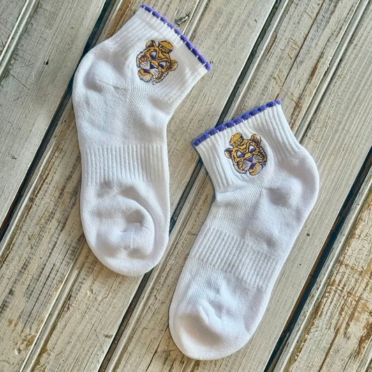 Nola Mercantile LSU Embroidered Scallop Sailor Mike Socks