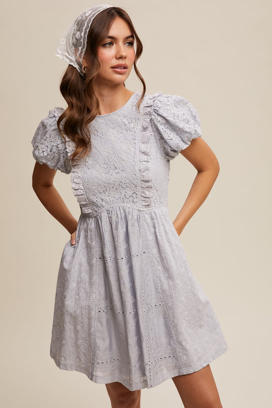 Listicle Lace Mixed Fabric Puff Sleeve Mini Dress