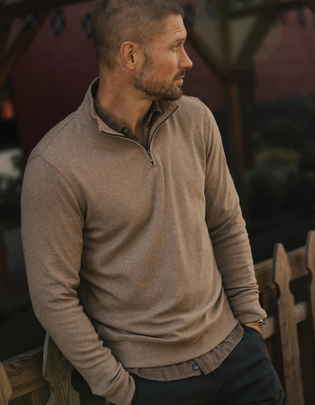 The Normal Brand Puremeso Weekend Quarter Zip in Taupe