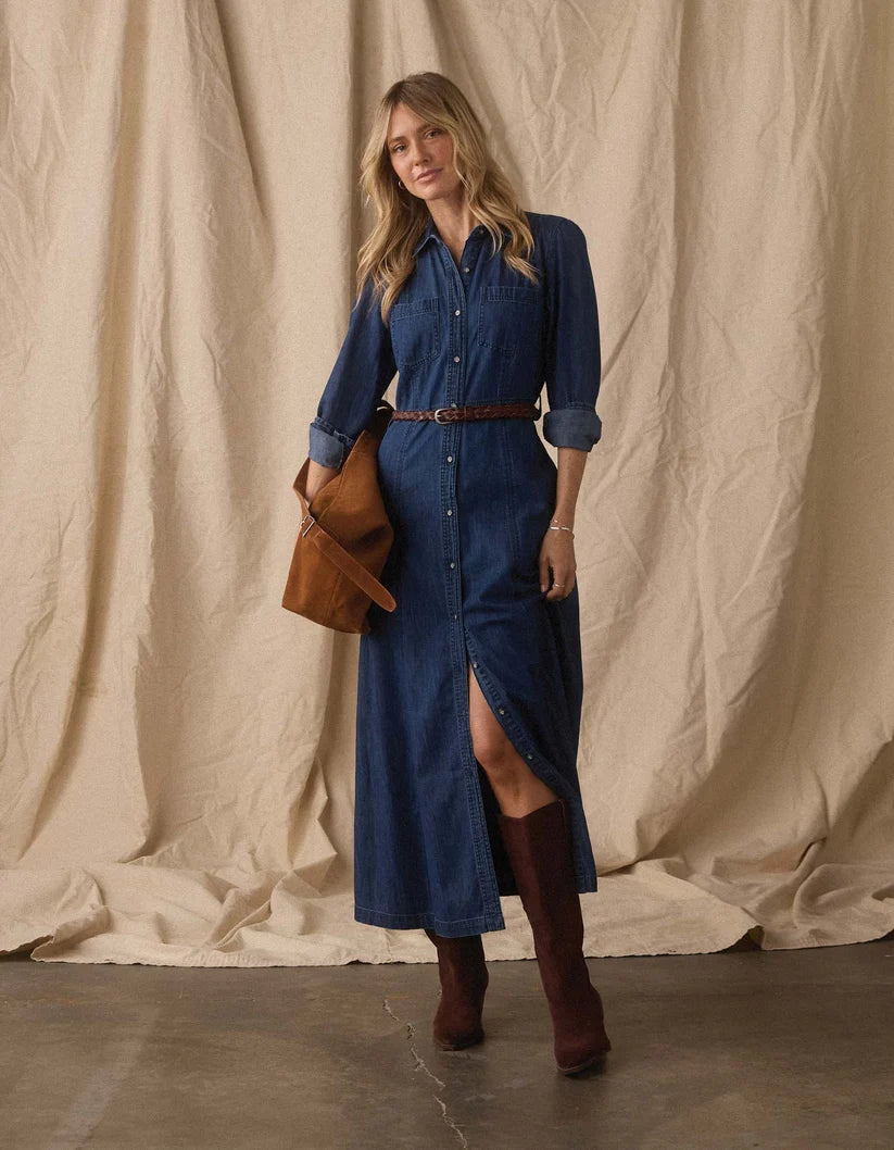 The Normal Brand Cotton Denim Shirt Dress In Dark Wash