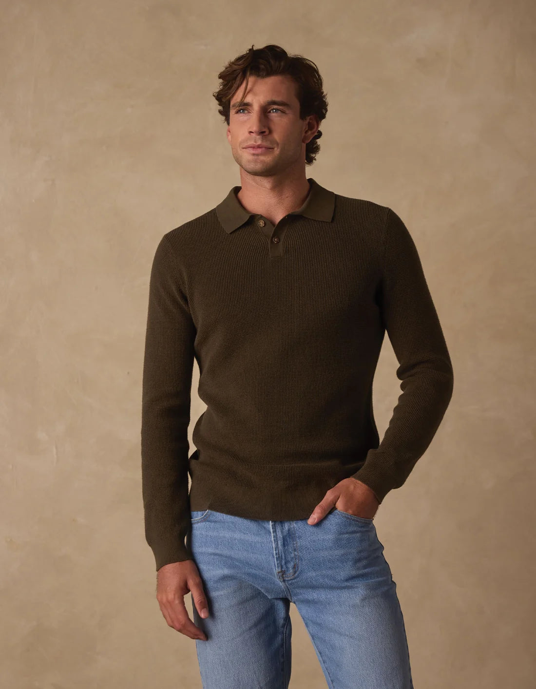 The Normal Brand Robles Knit Waffle Stitch Polo in Alpine